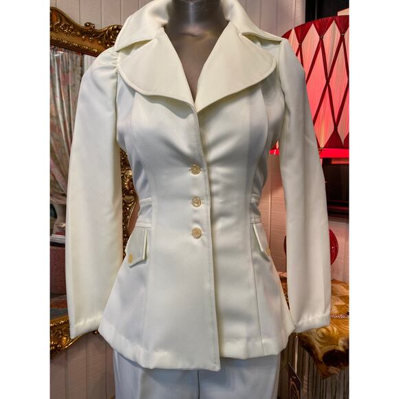 vintage 1970s cream pantsuit 70s jacket and pants flared butterfly mod polyester - Picture 3 of 10